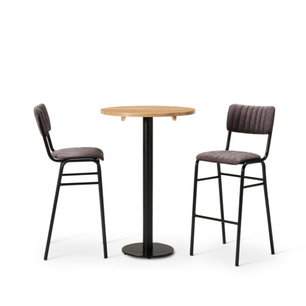"Bourbon-Bar-Chairs-in-Aberdeen-with-Solid-Wood-Oak-round-top-on-a-Forza-round-poseur-height-base.jpg"