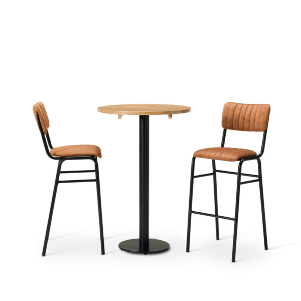 "Bourbon-Bar-Chairs-in-Allspice-with-Solid-Wood-Oak-round-top-on-a-Forza-round-poseur-height-base.jpg"
