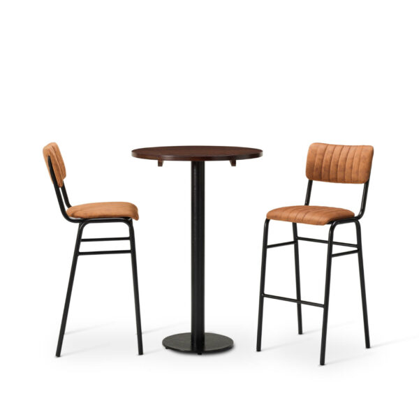 "Bourbon-Bar-Chairs-in-Allspice-with-Solid-Wood-Walnut-round-top-on-a-Forza-round-poseur-height-base.jpg"