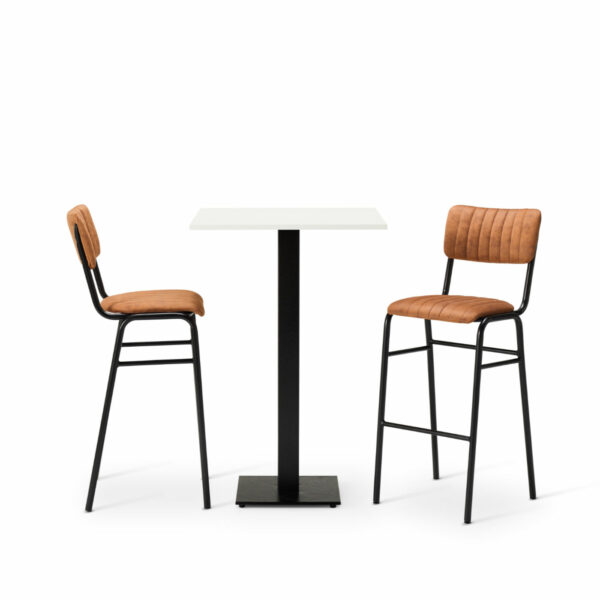 "Bourbon-Bar-Chairs-in-Allspice-with-Square-White-MFC-top-on-a-square-Forza-Poseur-base.jpg"