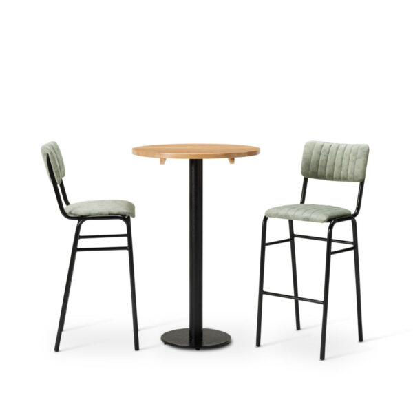 "Bourbon-Bar-Chairs-in-Fern-with-Solid-Wood-Oak-round-top-on-a-Forza-round-poseur-height-base.jpg"
