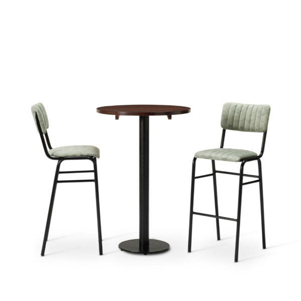 "Bourbon-Bar-Chairs-in-Fern-with-Solid-Wood-Walnut-round-top-on-a-Forza-round-poseur-height-base.jpg"