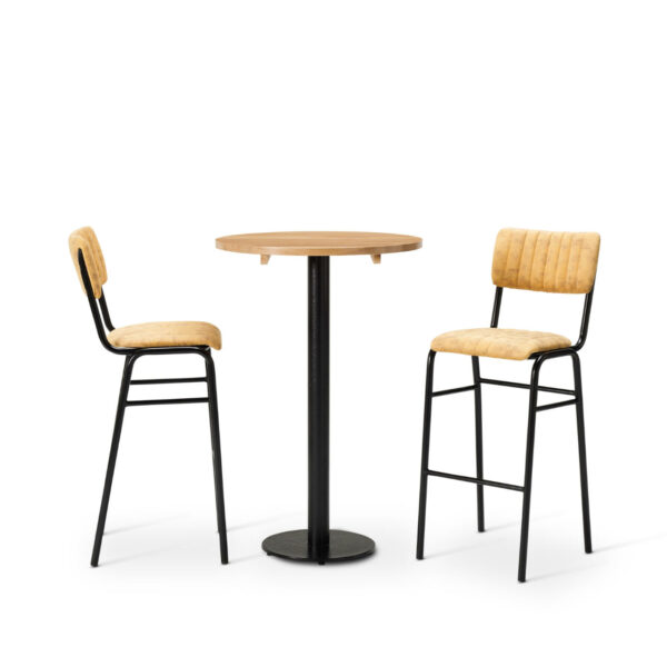 "Bourbon-Bar-Chairs-in-Goldmine-with-Solid-Wood-Oak-round-top-on-a-Forza-round-poseur-height-base.jpg"