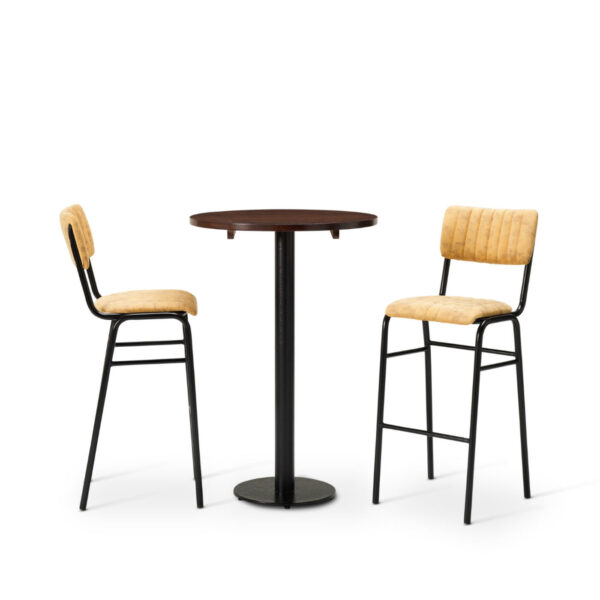 "Bourbon-Bar-Chairs-in-Goldmine-with-Solid-Wood-Walnut-round-top-on-a-Forza-round-poseur-height-base.jpg"