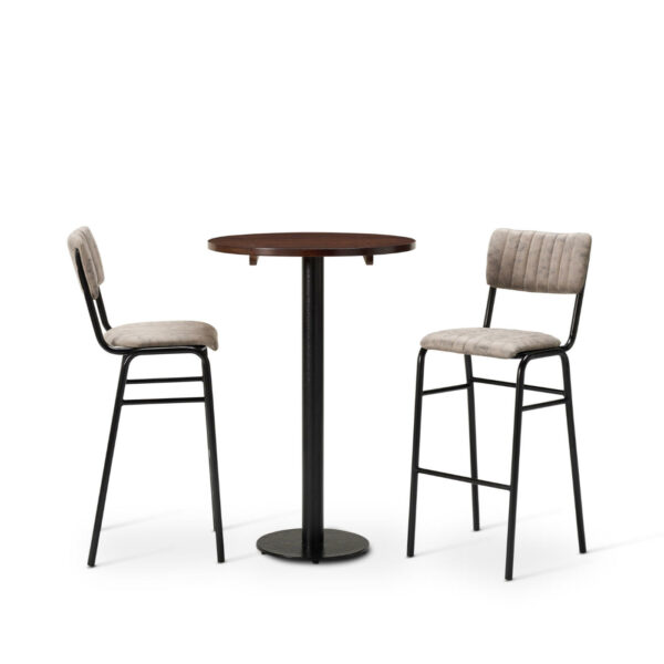 "Bourbon-Bar-Chairs-in-Graphite-with-Solid-Wood-Walnut-round-top-on-a-Forza-round-poseur-height-base.jpg"