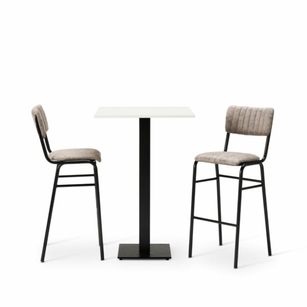 "Bourbon-Bar-Chairs-in-Graphite-with-Square-White-MFC-top-on-a-square-Forza-Poseur-base.jpg"