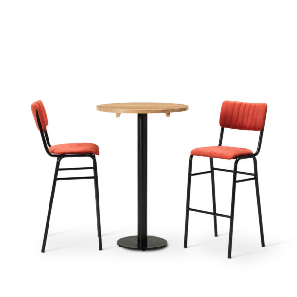 "Bourbon-Bar-Chairs-in-Tabasco-with-Solid-Wood-Oak-round-top-on-a-Forza-round-poseur-height-base.jpg"