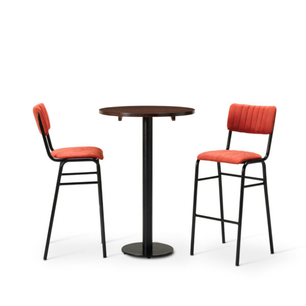 "Bourbon-Bar-Chairs-in-Tabasco-with-Solid-Wood-Walnut-round-top-on-a-Forza-round-poseur-height-base.jpg"