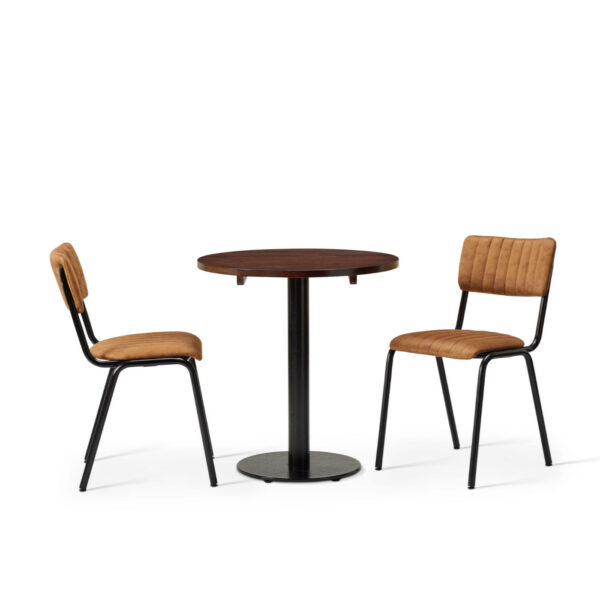 "Bourbon-Side-Chair-in-Allspiace-with-Solid-Wood-Walnut-Forza-Round-Table.jpg"